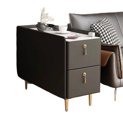 Modern Luxury MDF Solid Wood Stone Slab Faux Leather Rounded Rectangular Side Table 2-Drawer For Living Room