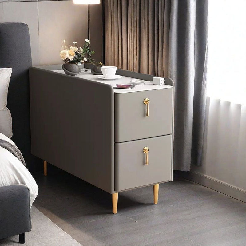 Modern Luxury MDF Solid Wood Stone Slab Faux Leather Rounded Rectangular Side Table 2-Drawer For Living Room