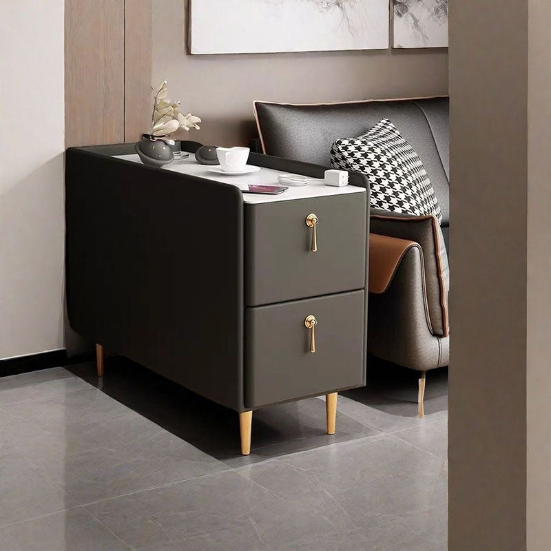 Modern Luxury MDF Solid Wood Stone Slab Faux Leather Rounded Rectangular Side Table 2-Drawer For Living Room