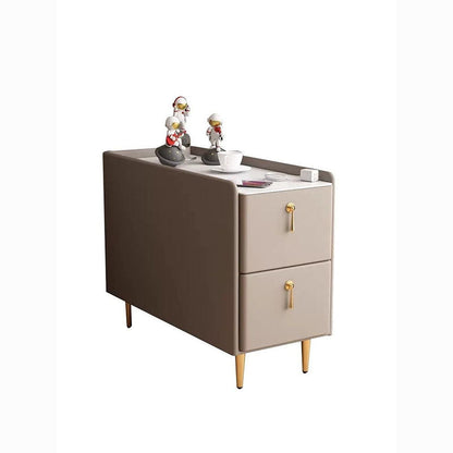 Modern Luxury MDF Solid Wood Stone Slab Faux Leather Rounded Rectangular Side Table 2-Drawer For Living Room
