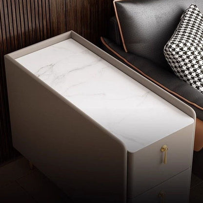 Modern Luxury MDF Solid Wood Stone Slab Faux Leather Rounded Rectangular Side Table 2-Drawer For Living Room