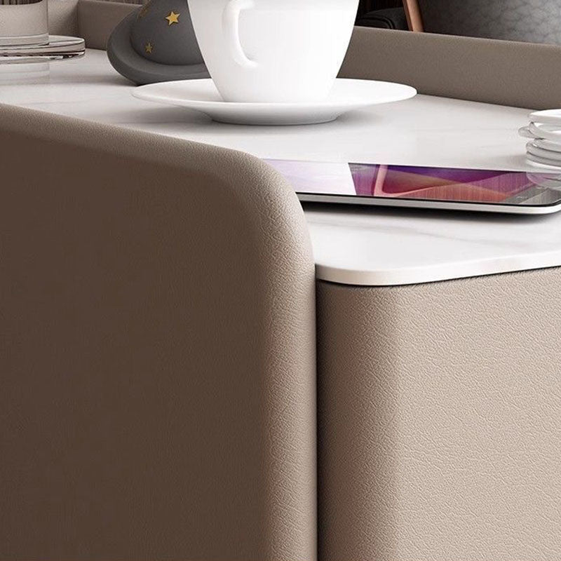 Modern Luxury MDF Solid Wood Stone Slab Faux Leather Rounded Rectangular Side Table 2-Drawer For Living Room