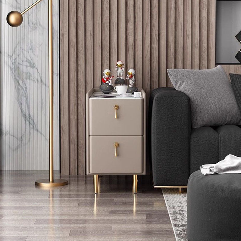 Modern Luxury MDF Solid Wood Stone Slab Faux Leather Rounded Rectangular Side Table 2-Drawer For Living Room