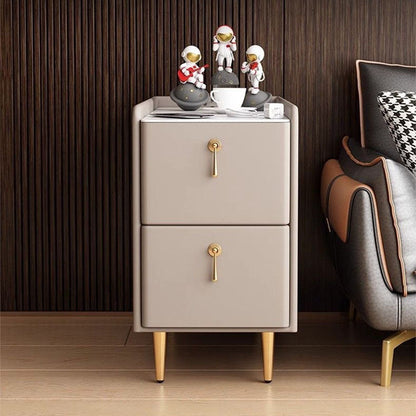 Modern Luxury MDF Solid Wood Stone Slab Faux Leather Rounded Rectangular Side Table 2-Drawer For Living Room