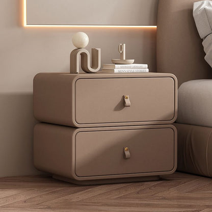 Modern Minimalist Solid Wood Faux Leather Rounded Square Nightstand 2 Drawers For Bedroom