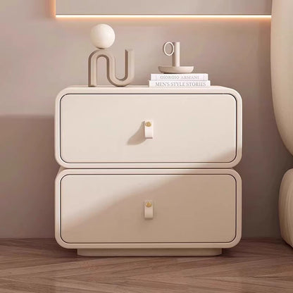 Modern Minimalist Solid Wood Faux Leather Rounded Square Nightstand 2 Drawers For Bedroom