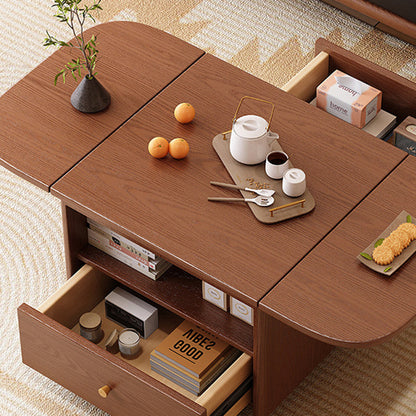 Traditional Vintage Solid Wood Plywood Rubberwood Rounded Rectangular Mobile Coffee Table 2-Tier For Living Room