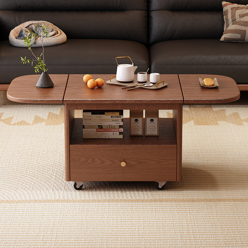 Traditional Vintage Solid Wood Plywood Rubberwood Rounded Rectangular Mobile Coffee Table 2-Tier For Living Room