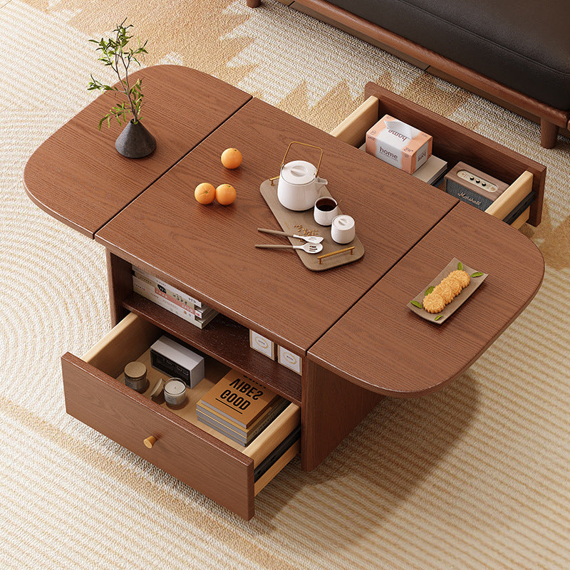 Traditional Vintage Solid Wood Plywood Rubberwood Rounded Rectangular Mobile Coffee Table 2-Tier For Living Room