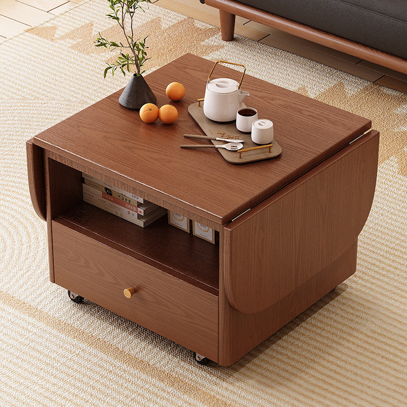 Traditional Vintage Solid Wood Plywood Rubberwood Rounded Rectangular Mobile Coffee Table 2-Tier For Living Room