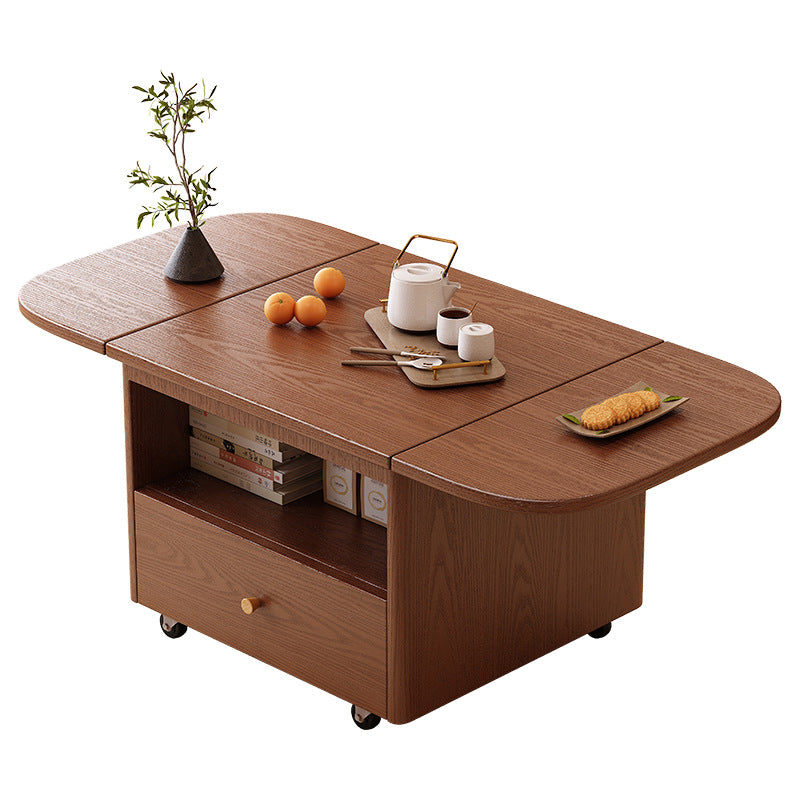 Traditional Vintage Solid Wood Plywood Rubberwood Rounded Rectangular Mobile Coffee Table 2-Tier For Living Room
