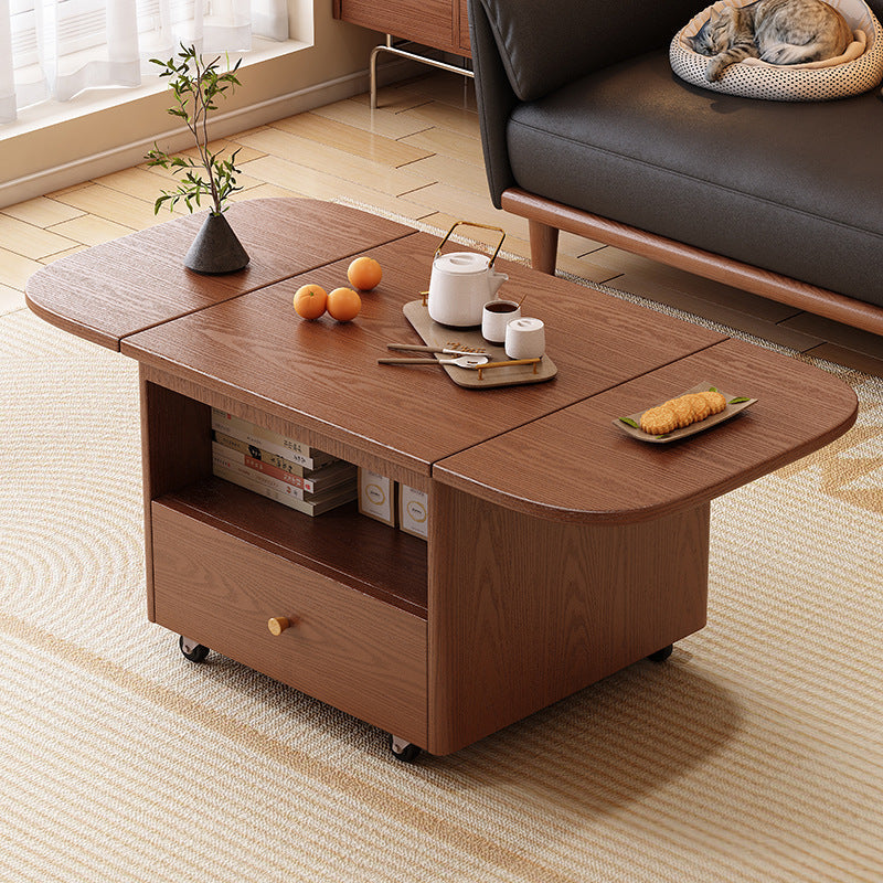 Traditional Vintage Solid Wood Plywood Rubberwood Rounded Rectangular Mobile Coffee Table 2-Tier For Living Room