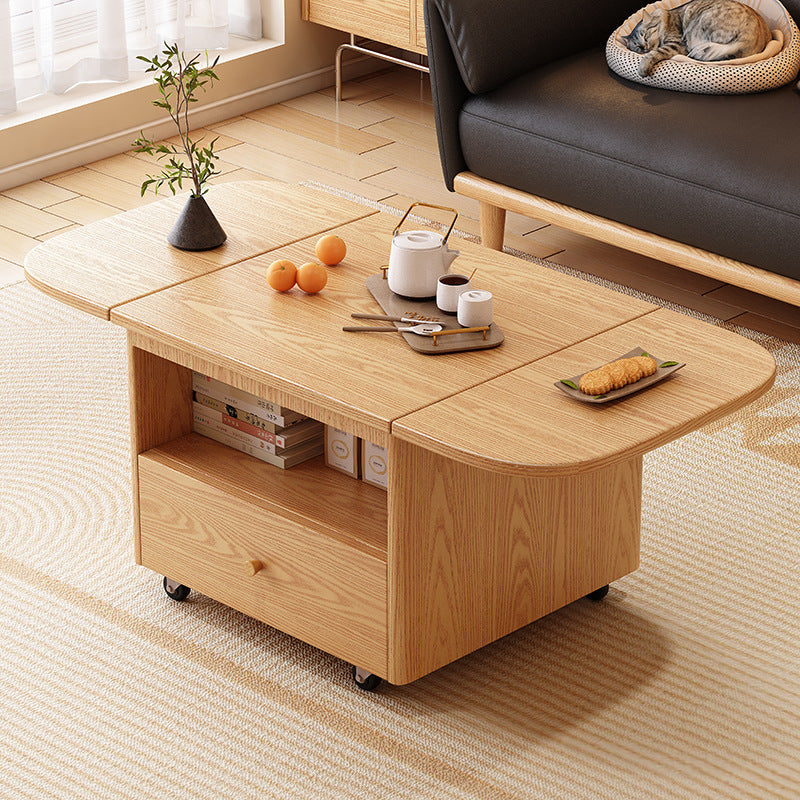 Traditional Vintage Solid Wood Plywood Rubberwood Rounded Rectangular Mobile Coffee Table 2-Tier For Living Room