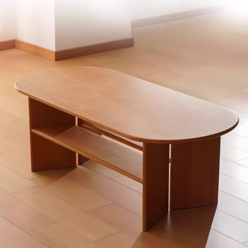 Traditional Vintage Cherry Wood Long Oval Slab Coffee Table With 2-Tier For Living Room