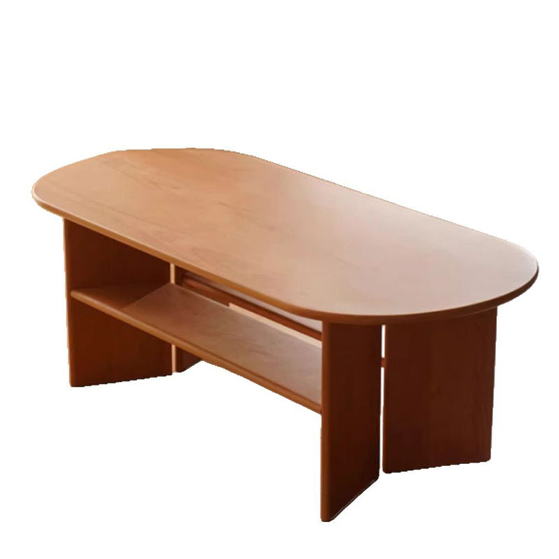 Traditional Vintage Cherry Wood Long Oval Slab Coffee Table With 2-Tier For Living Room