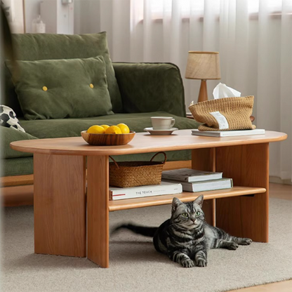 Traditional Vintage Cherry Wood Long Oval Slab Coffee Table With 2-Tier For Living Room