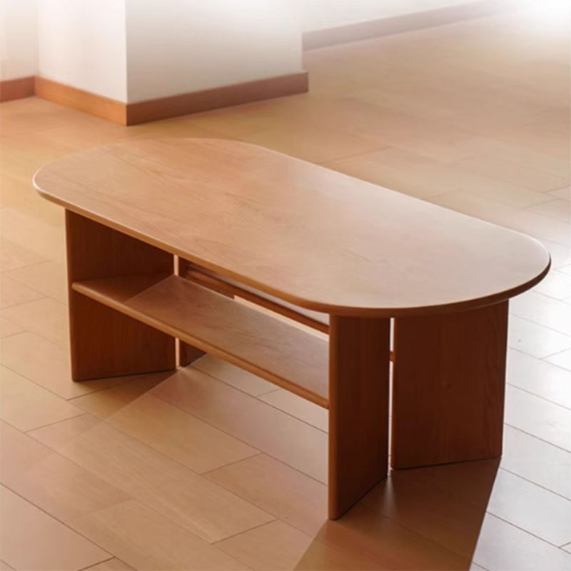 Traditional Vintage Cherry Wood Long Oval Slab Coffee Table With 2-Tier For Living Room