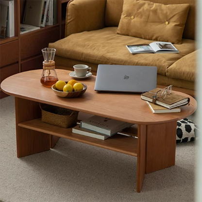 Traditional Vintage Cherry Wood Long Oval Slab Coffee Table With 2-Tier For Living Room