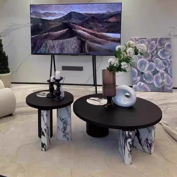Traditional French Sintered Stone Solid Wood Veneer Round Rectangular Coffee Table With 1-Tier For Living Room