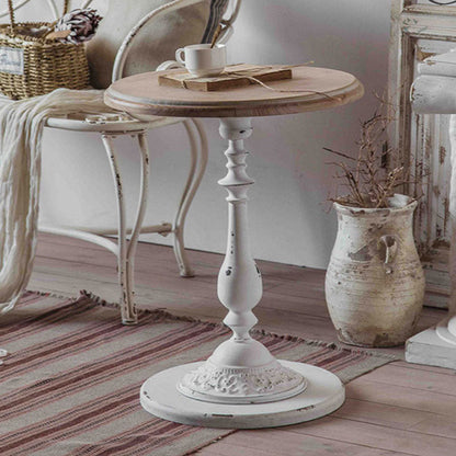 Traditional French Iron Fir Wood MDF Carved Round End Table With 1-Tier For Living Room