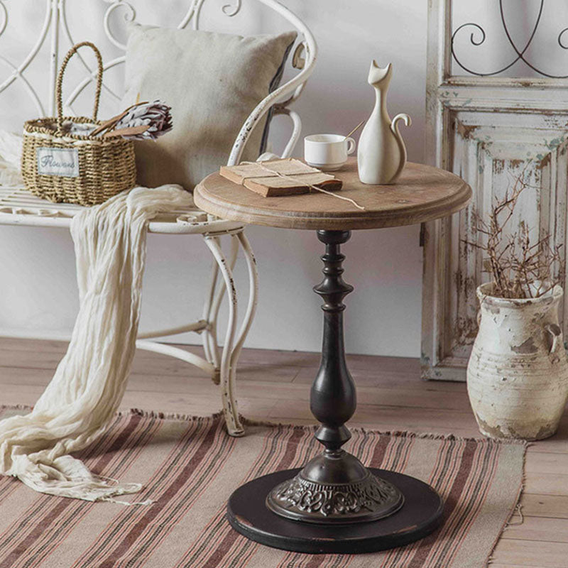 Traditional French Iron Fir Wood MDF Carved Round End Table With 1-Tier For Living Room