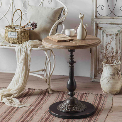 Traditional French Iron Fir Wood MDF Carved Round End Table With 1-Tier For Living Room