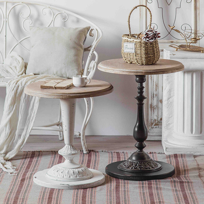 Traditional French Iron Fir Wood MDF Carved Round End Table With 1-Tier For Living Room