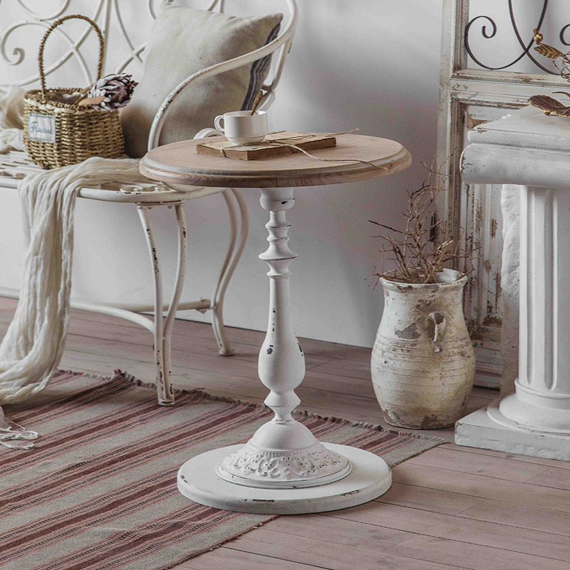 Traditional French Iron Fir Wood MDF Carved Round End Table With 1-Tier For Living Room