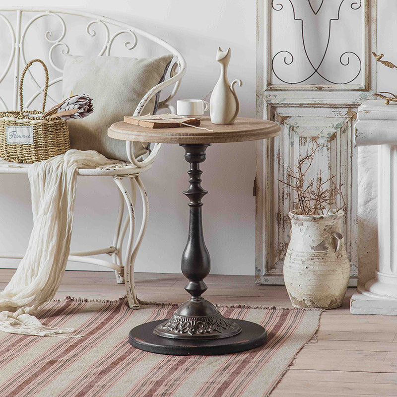 Traditional French Iron Fir Wood MDF Carved Round End Table With 1-Tier For Living Room