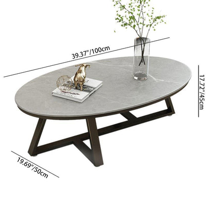 Contemporary Scandinavian Sintered Stone Iron Long Oval Coffee Table With 1-Tier For Living Room