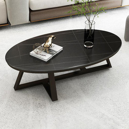 Contemporary Scandinavian Sintered Stone Iron Long Oval Coffee Table With 1-Tier For Living Room