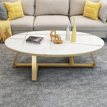Contemporary Scandinavian Sintered Stone Iron Long Oval Coffee Table With 1-Tier For Living Room