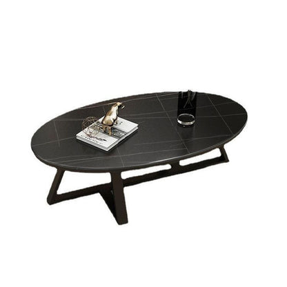 Contemporary Scandinavian Sintered Stone Iron Long Oval Coffee Table With 1-Tier For Living Room