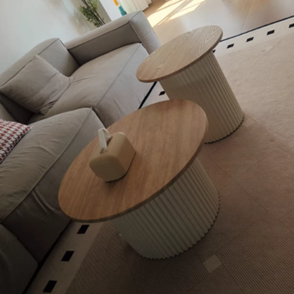 Modern Minimalist Eco Board Stainless Steel Textured Round Column Coffee Table With 2 Tier For Living Room