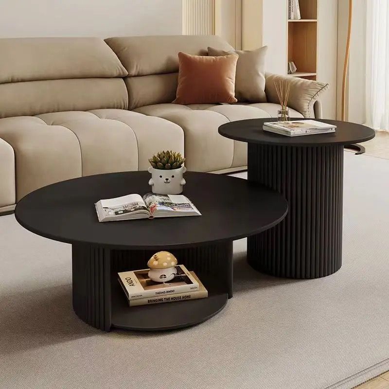 Modern Minimalist Eco Board Stainless Steel Textured Round Column Coffee Table With 2 Tier For Living Room