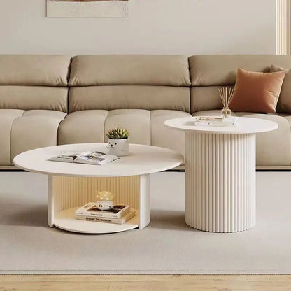 Modern Minimalist Eco Board Stainless Steel Textured Round Column Coffee Table With 2 Tier For Living Room