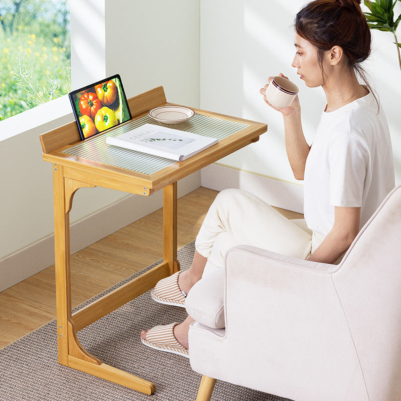 Traditional Chinese Bamboo Glass Rectangular Side Table With 1-Tier For Living Room