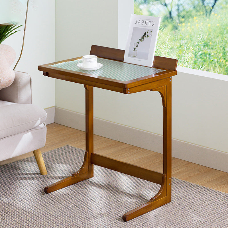 Traditional Chinese Bamboo Glass Rectangular Side Table With 1-Tier For Living Room