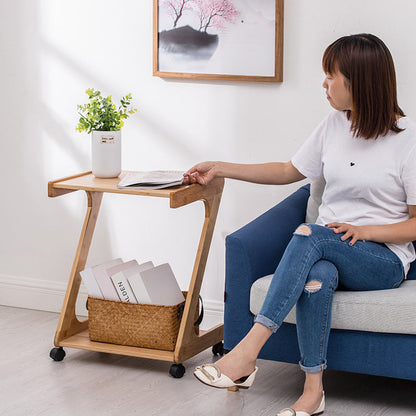 Traditional Chinese Bamboo Movable Z-Shaped Rectangular Side Table With 2 Tiers For Living Room