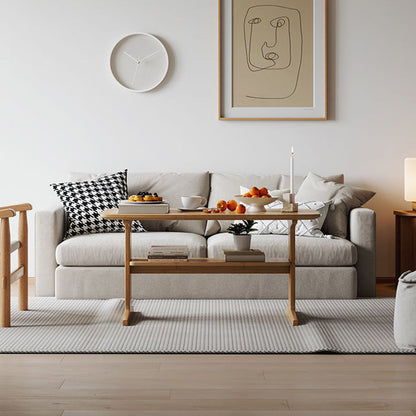 Modern Minimalist Bamboo T-Shaped Rounded Rectangular Coffee Table With 2 Tiers For Living Room