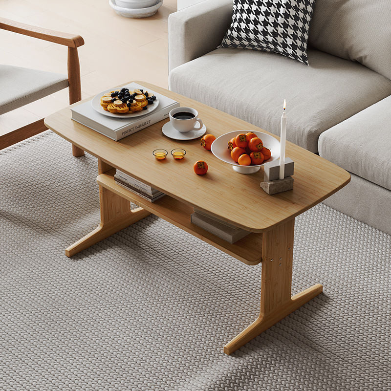 Modern Minimalist Bamboo T-Shaped Rounded Rectangular Coffee Table With 2 Tiers For Living Room
