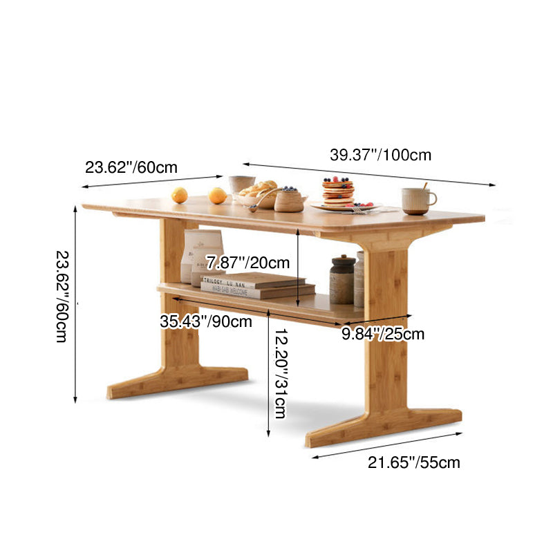 Modern Minimalist Bamboo T-Shaped Rounded Rectangular Coffee Table With 2 Tiers For Living Room
