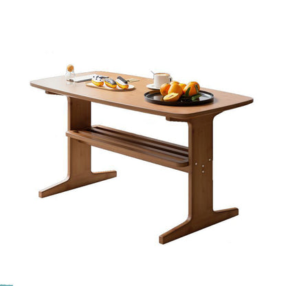 Modern Minimalist Bamboo T-Shaped Rounded Rectangular Coffee Table With 2 Tiers For Living Room
