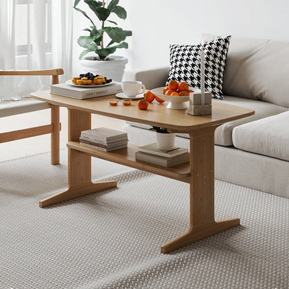 Modern Minimalist Bamboo T-Shaped Rounded Rectangular Coffee Table With 2 Tiers For Living Room