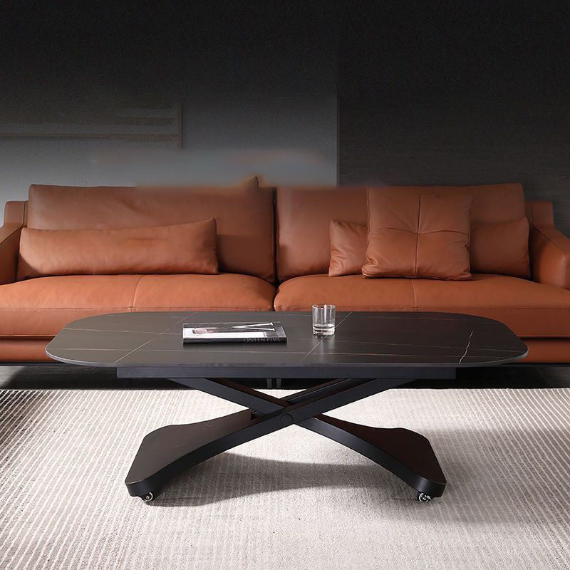 Contemporary Scandinavian Sintered Stone Metal X-Shaped Rectangular Coffee Table With 1 Tier For Living Room