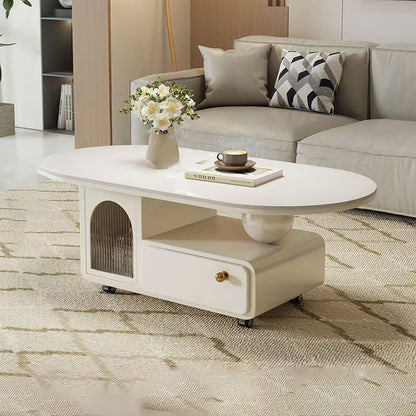 Contemporary Scandinavian Sintered Stone Solid Wood Plywood Acrylic Oval Rectangular Coffee Table With 1-Drawer For Living Room