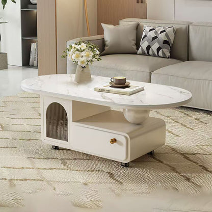 Contemporary Scandinavian Sintered Stone Solid Wood Plywood Acrylic Oval Rectangular Coffee Table With 1-Drawer For Living Room