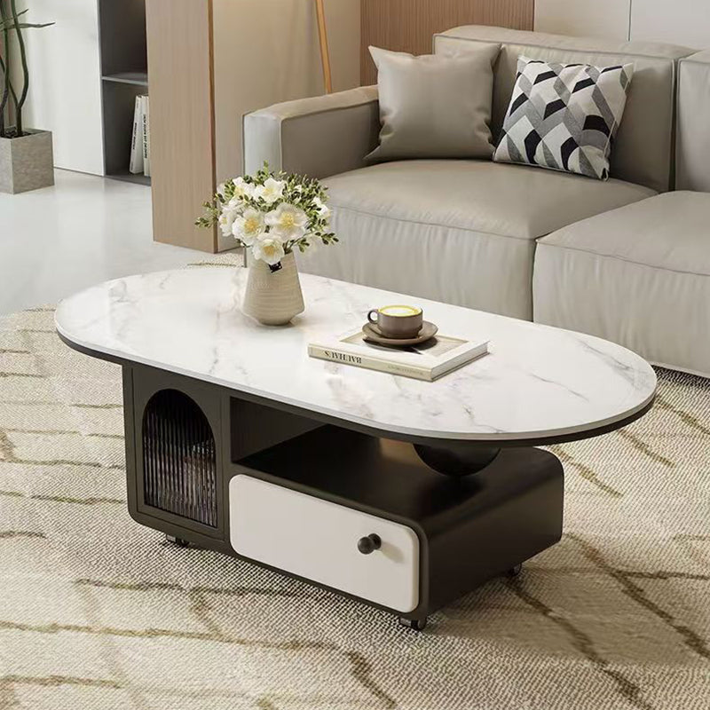 Contemporary Scandinavian Sintered Stone Solid Wood Plywood Acrylic Oval Rectangular Coffee Table With 1-Drawer For Living Room