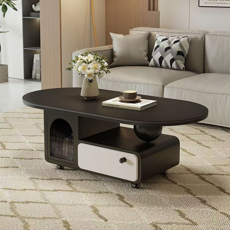 Contemporary Scandinavian Sintered Stone Solid Wood Plywood Acrylic Oval Rectangular Coffee Table With 1-Drawer For Living Room