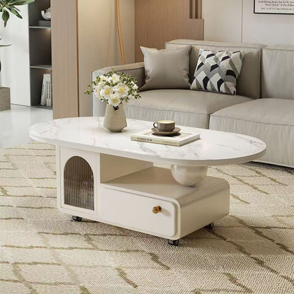 Contemporary Scandinavian Sintered Stone Solid Wood Plywood Acrylic Oval Rectangular Coffee Table With 1-Drawer For Living Room